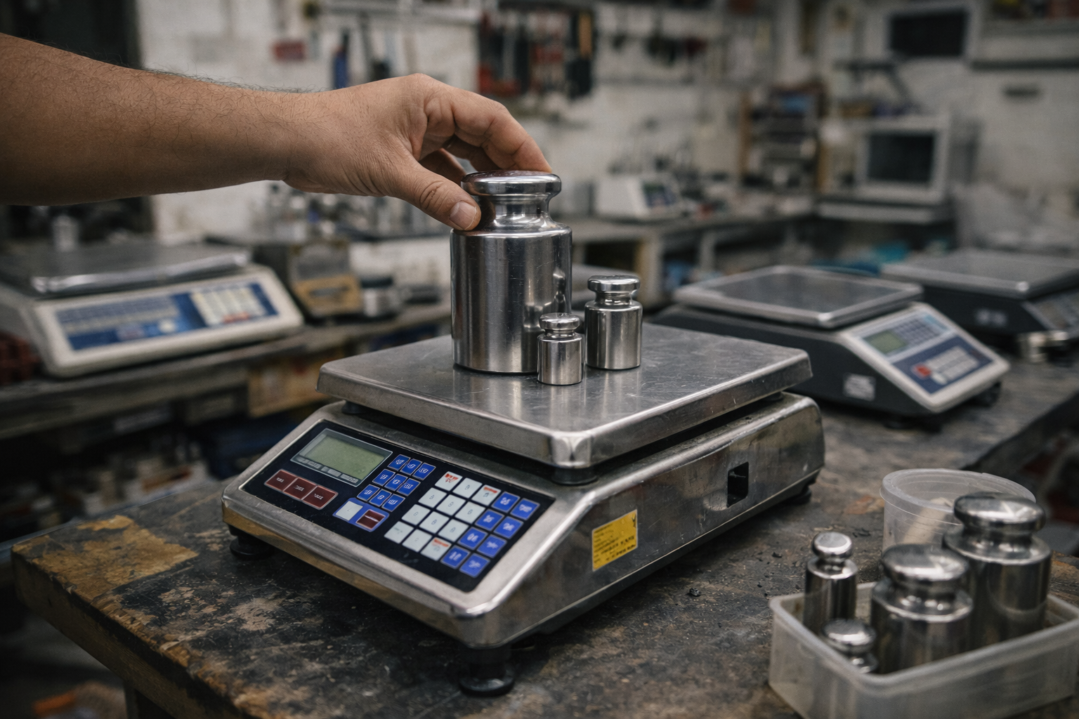 Proceso de calibración de una báscula con pesas de calibración