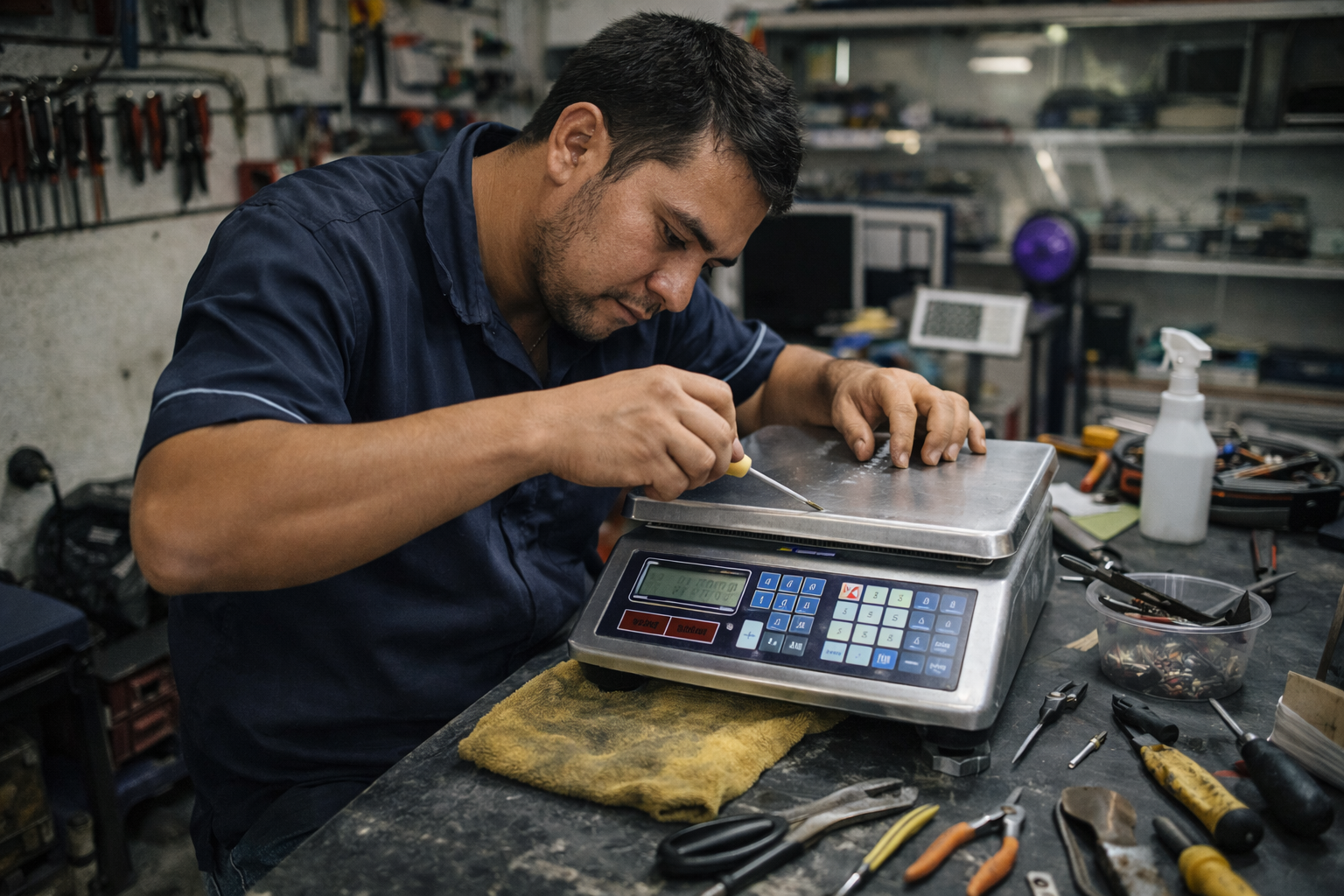 Técnico realizando mantenimiento a un equipo de pesaje